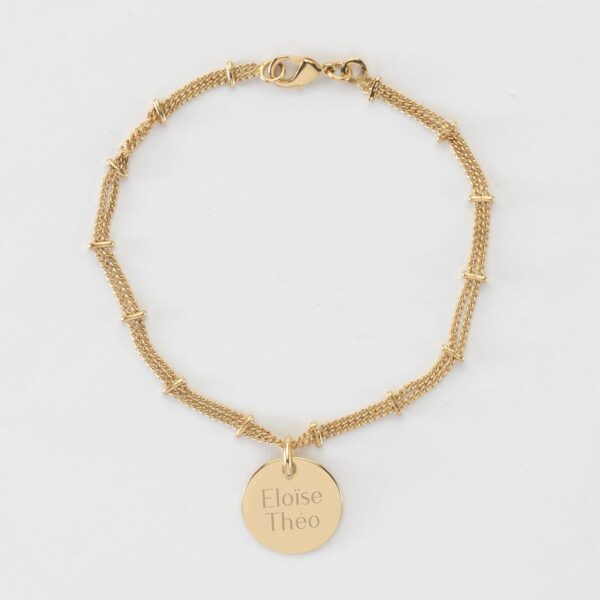 Bracelet médaille ronde à barrettes gravé personnalisé – Acier inoxydable doré Bracelet médaille ronde à barrettes gravé personnalisé – Acier inoxydable doré