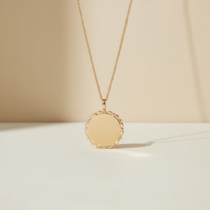 Collier médaille ronde à bordure festonnée gravée personnalisée acier inoxydable doré Collier médaille ronde à bordure festonnée gravée personnalisée acier inoxydable doré