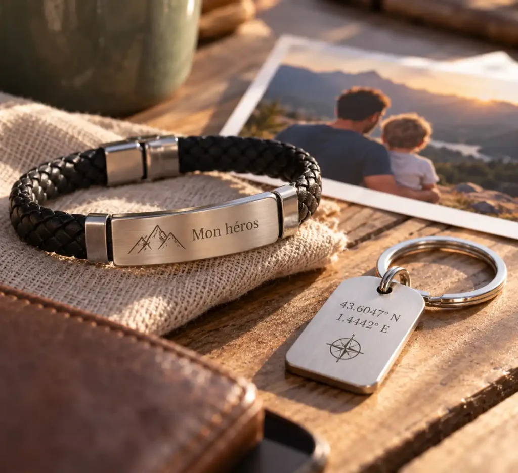 bracelet et porte-clés gravés pour homme
